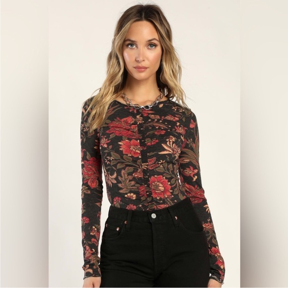 Free People Tops - Free People Dreamed of You Charcoal Grey Floral Print Long Sleeve Top EUC